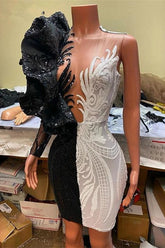 Hermosos vestidos de fiesta de corte mini con escote en V bicolor y apliques de encaje